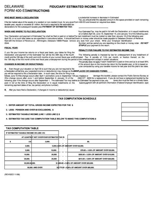 Instructions For Delaware Form 400-Es - Fiduciary Estimated Income Tax Printable pdf