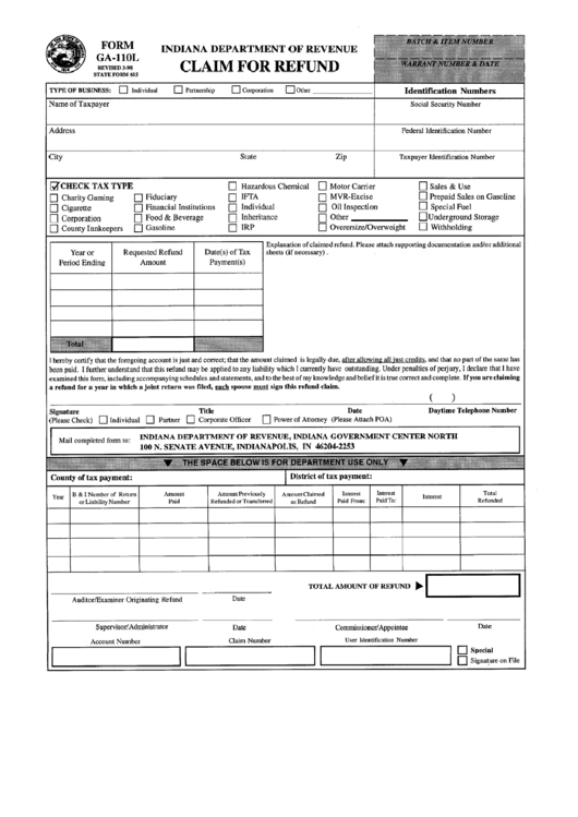 Form Ga-110l - Claim For Refund - Indiana Department Of Revenue Printable pdf