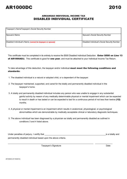 Form Ar1000dc - Disabled Individual Certificate - 2010 Printable pdf