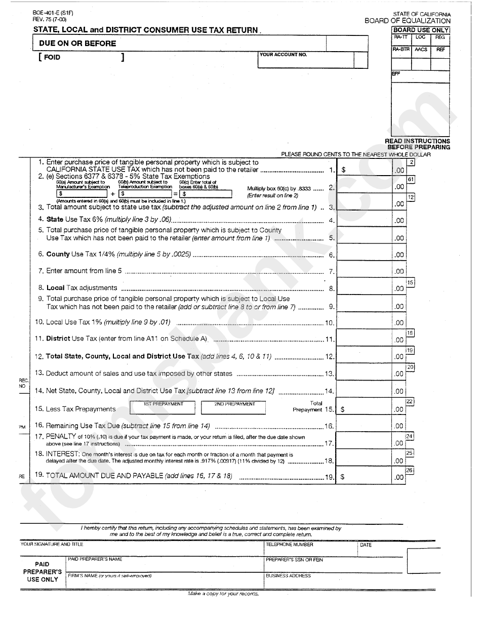 Form Boe-401-E - State, Local And District Consumer Use Tax Return - California Board Of Equalization