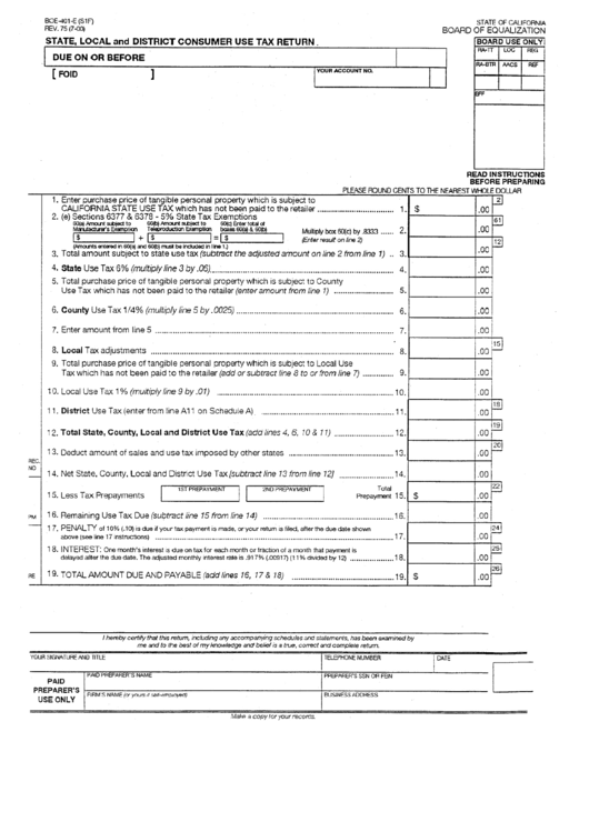 Form Boe-401-E - State, Local And District Consumer Use Tax Return - California Board Of Equalization Printable pdf