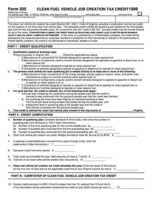 Form 305 - List Of Qualifying Clean Fuel Vehicle Jobs And Employees - 1999 Printable pdf