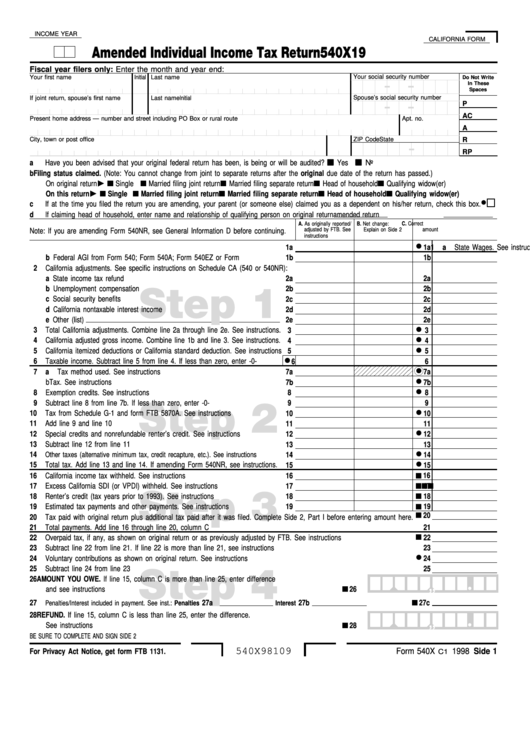 Fillable Form 540x - Amended Individual Income Tax Return - 1998 Printable pdf