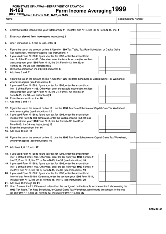 Fillable Form N-168 - Farm Income Averaging - Hawaii Department Of Taxation, 1999 Printable pdf