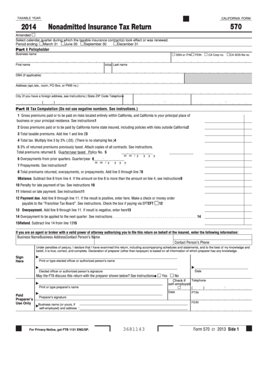 Fillable California Form 570 - Nonadmitted Insurance Tax Return - 2014 Printable pdf