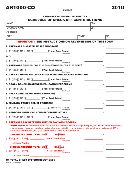 Form Ar1000-Co - Individual Income Tax Schedule Of Check-Off Contributions - 2010 Printable pdf