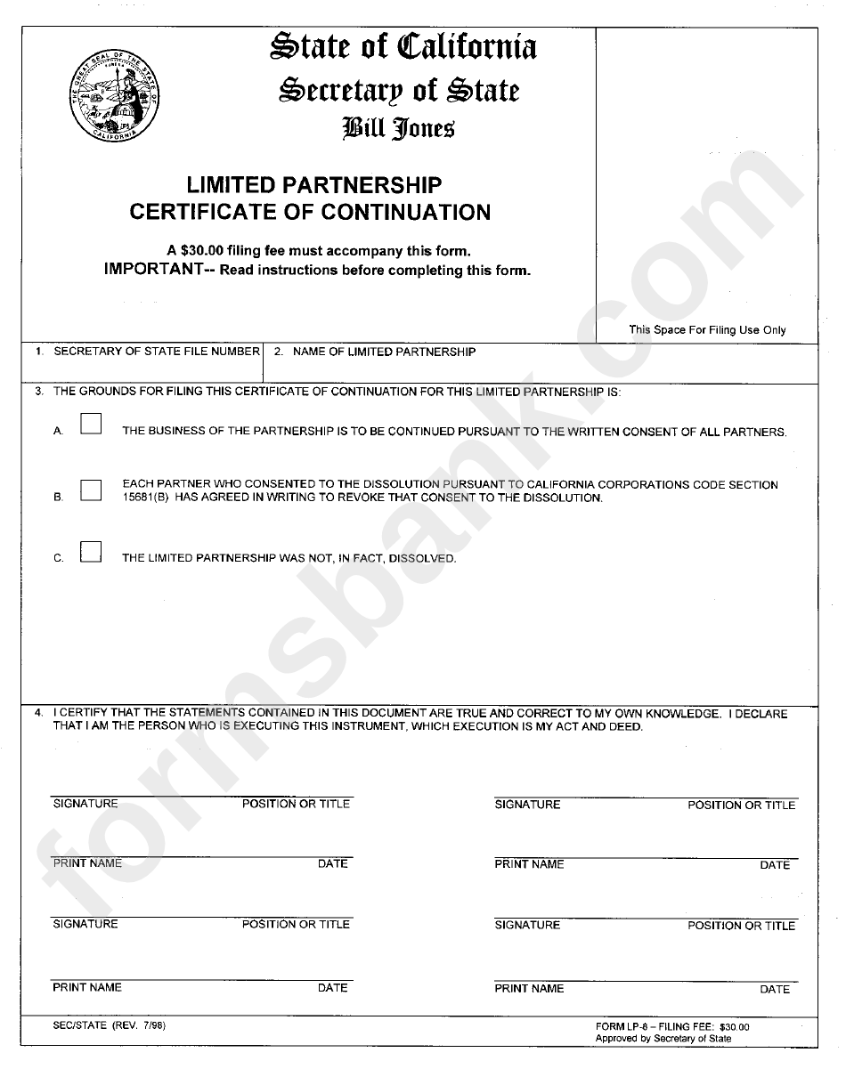 Form Lp-8 - Limited Partnership Certificate Of Continuation - California Secretary Of State