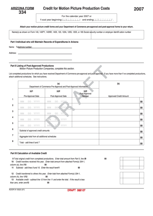 Arizona Form 334 - Credit For Motion Picture Production Costs - 2007 Printable pdf