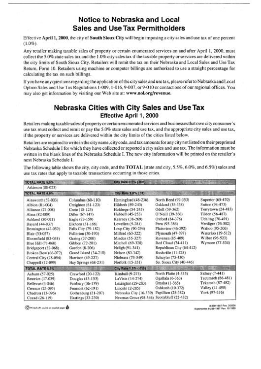 Notice To Nebraska And Local Sales And Use Tax Permitholders Printable pdf