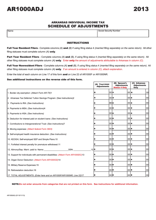 Fillable Form Ar1000adj - Individual Income Tax Schedule Of Adjustments - 2013 Printable pdf