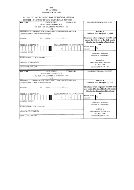 Fillable Form It-1041e-Es - Estimated Tax Payment For Individuals Filing Form It-1041e Ohio Estate Income Tax Return - 1999 Printable pdf