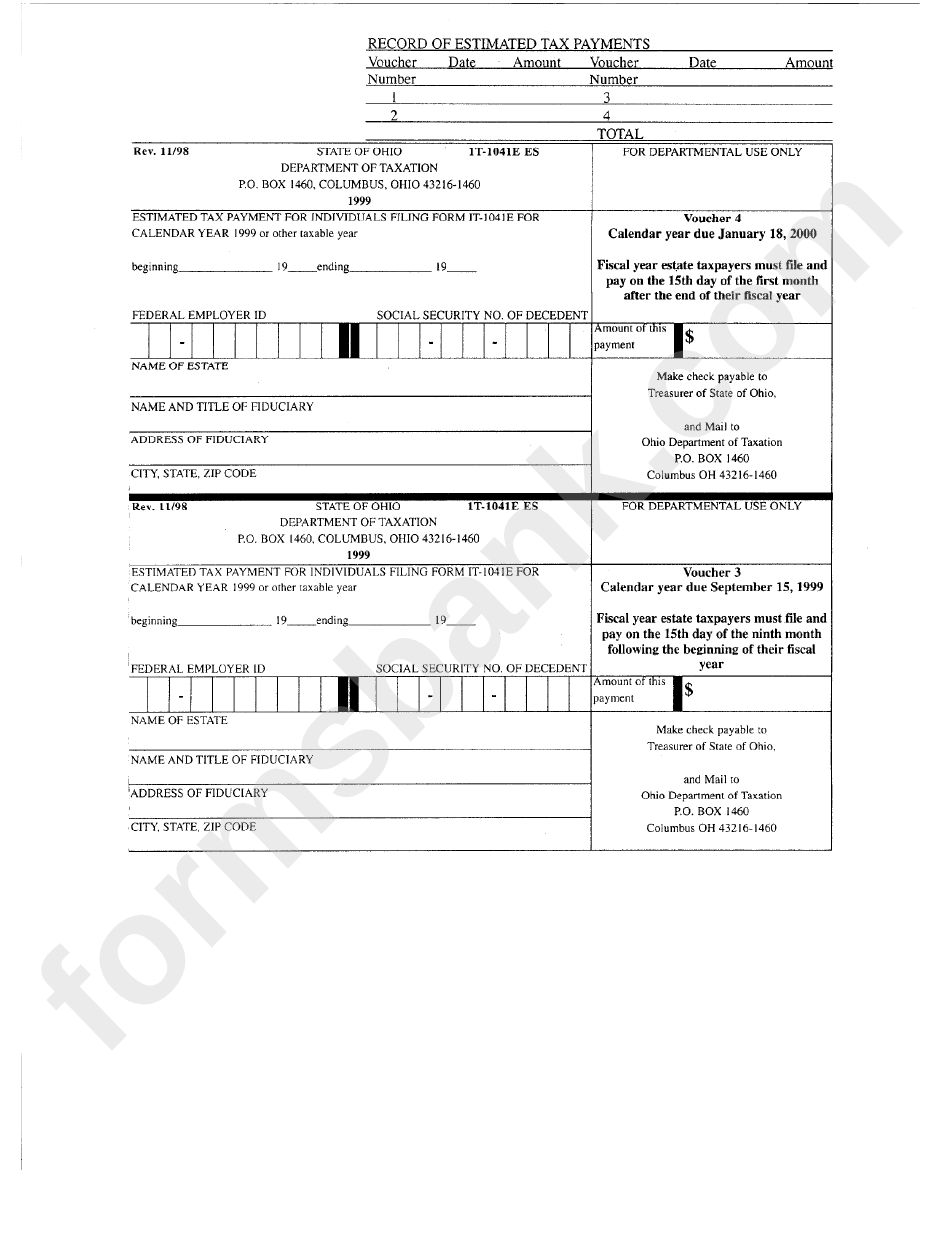 Form It-1041e-Es - Estimated Tax Payment For Individuals Filing Form It-1041e Ohio Estate Income Tax Return - 1999