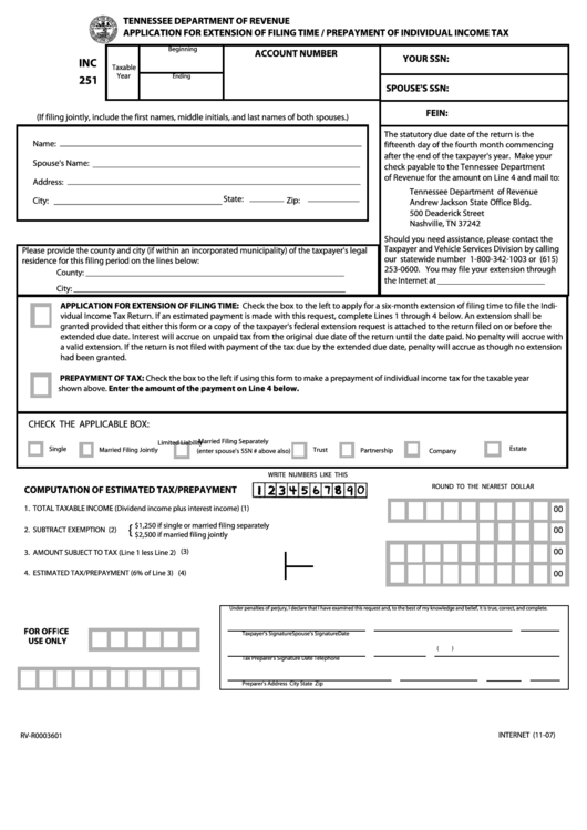 Application For Extension Of Filing Time / Prepayment Of Individual Income Tax - Tennessee Department Of Revenue Printable pdf