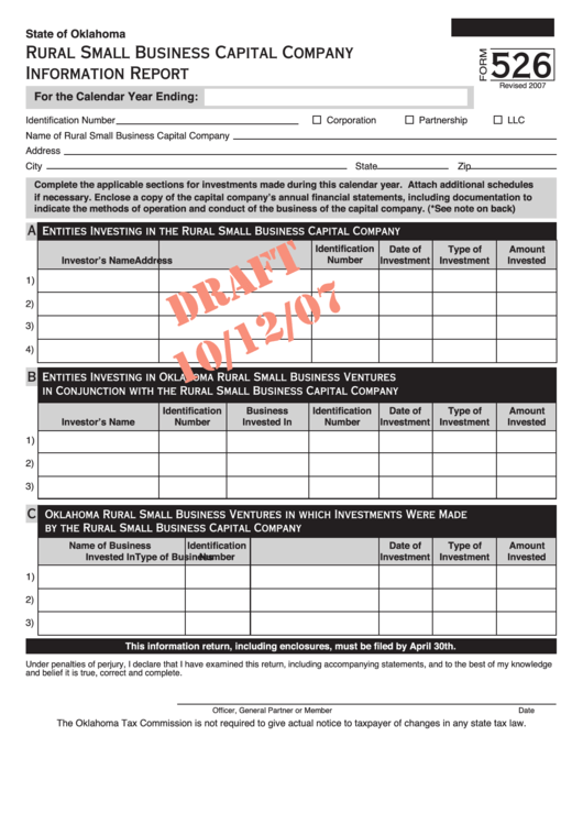 Form 526 Draft - Rural Small Business Capital Company Information Report Printable pdf