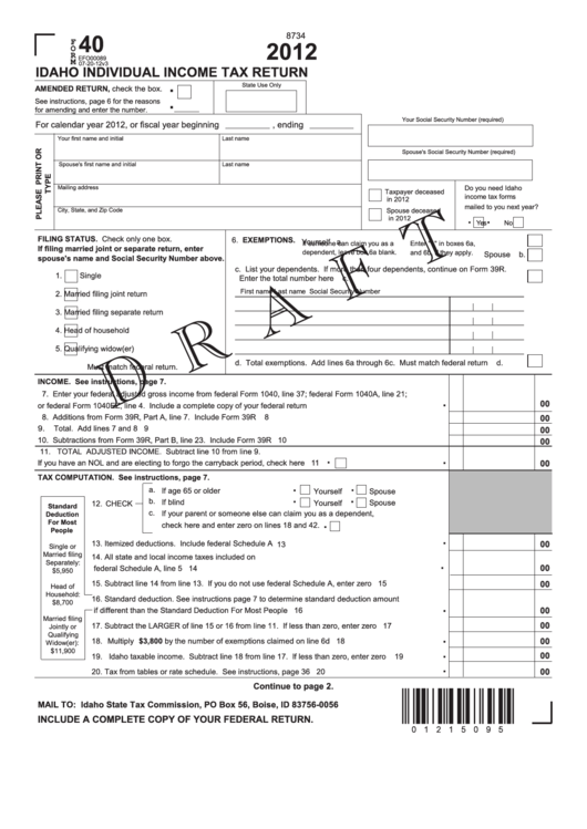 Form 40 Draft - Idaho Individual Income Tax Return - 2012 Printable pdf