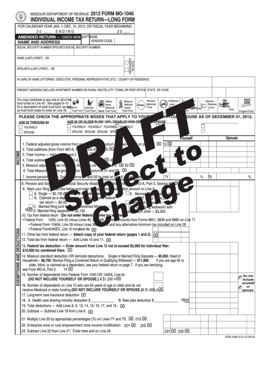 Form Mo-1040 (Draft) - Individual Income Tax Return - Long Form - 2012 Printable pdf