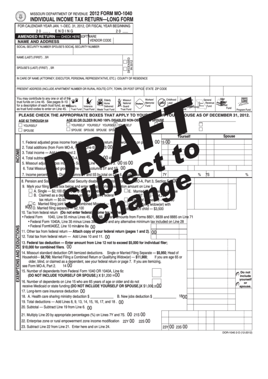 Form Mo 1040 Draft Individual Income Tax Return Long Form 2012 Printable Pdf Download