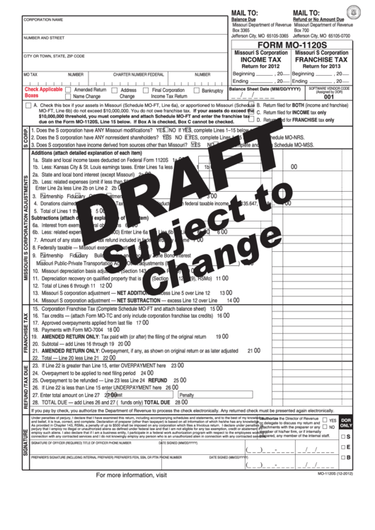 Form Mo-1120s Draft - Missouri S Corporation Income Tax Return For 2012 / Missouri S Corporation Franchise Tax Return For 2013 Printable pdf