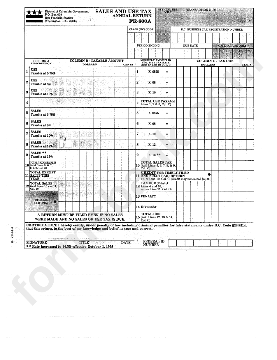 Form Fr-800a - Sales And Use Tax Annual Return