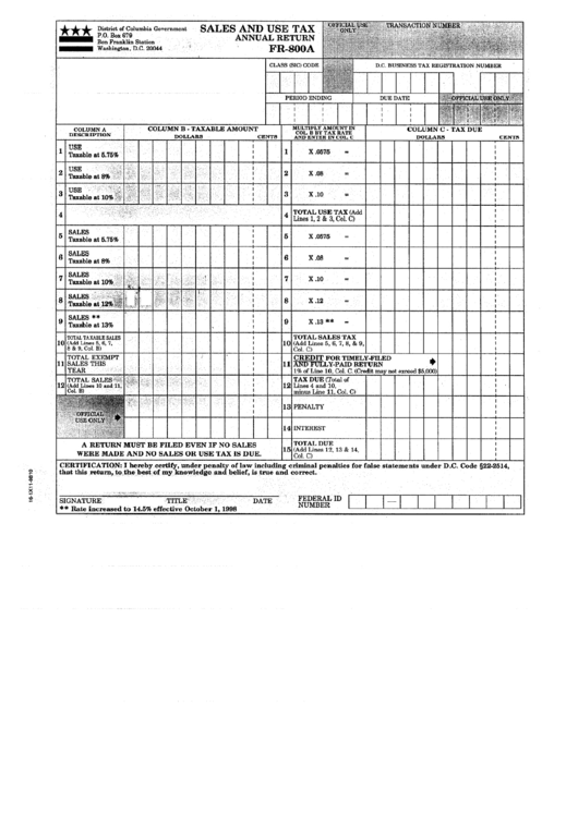 Form Fr-800a - Sales And Use Tax Annual Return Printable pdf