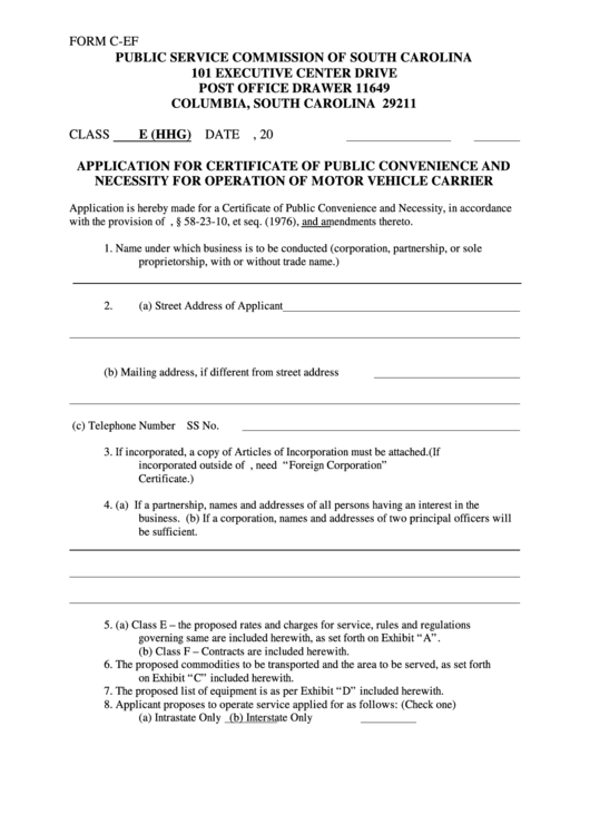 Form C-Ef - Application For Certificate Of Public Convenience And Necessity For Operation Of Motor Vehicle Carrier Printable pdf