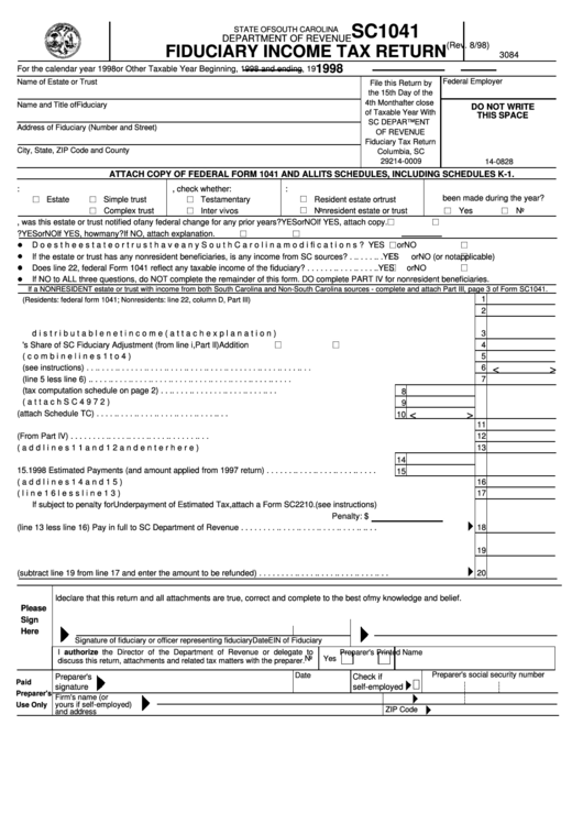 Fillable Form Sc1041 - Fiduciary Income Tax Return - 1998 Printable pdf