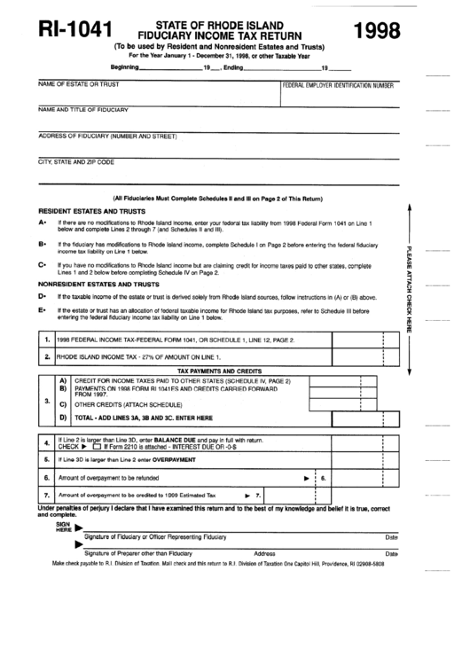 Fillable Form Ri-1041 - Fiduciary Income Tax Return - 1998 Printable pdf