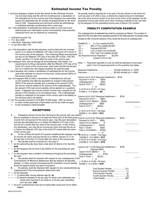Instructions For Form Ar2210i - Estimated Income Tax Penalty Printable pdf