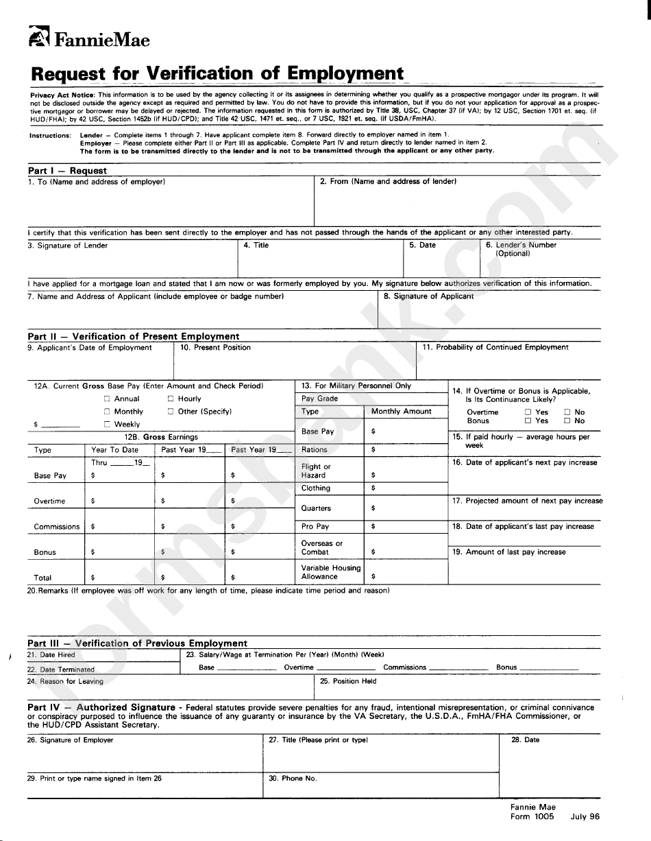 Form 1005 - Request For Verification Of Employment