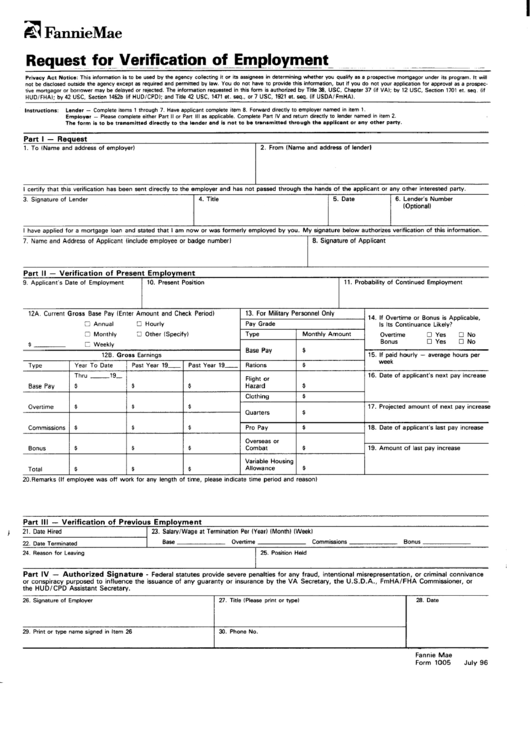 Form 1005 - Request For Verification Of Employment Printable pdf