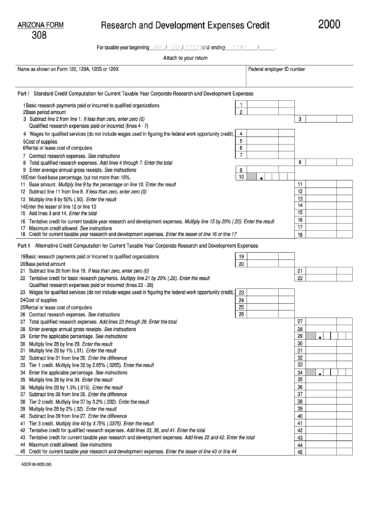 Form 308 - Research And Development Expenses Credit - 2000 Printable pdf
