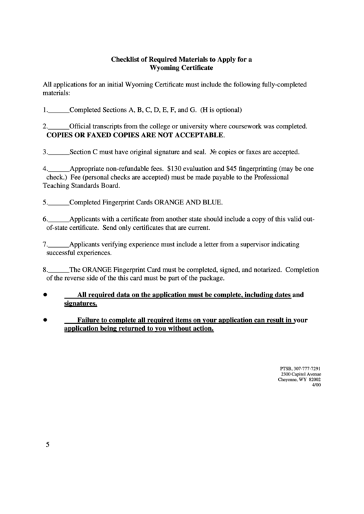 Application For Wyoming Certification Of Teachers, Administrators, And Other Personnel Printable pdf