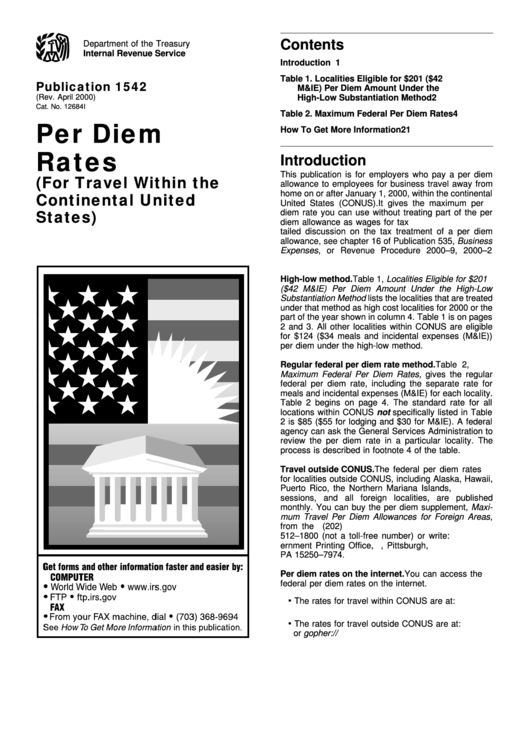 Publication 1542 Per Diem Rates (For Travel Within The Continental United States) Printable pdf