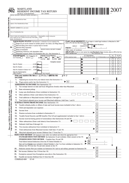 Fillable Form 502 - Maryland Resident Income Tax Return - 2007 Printable pdf