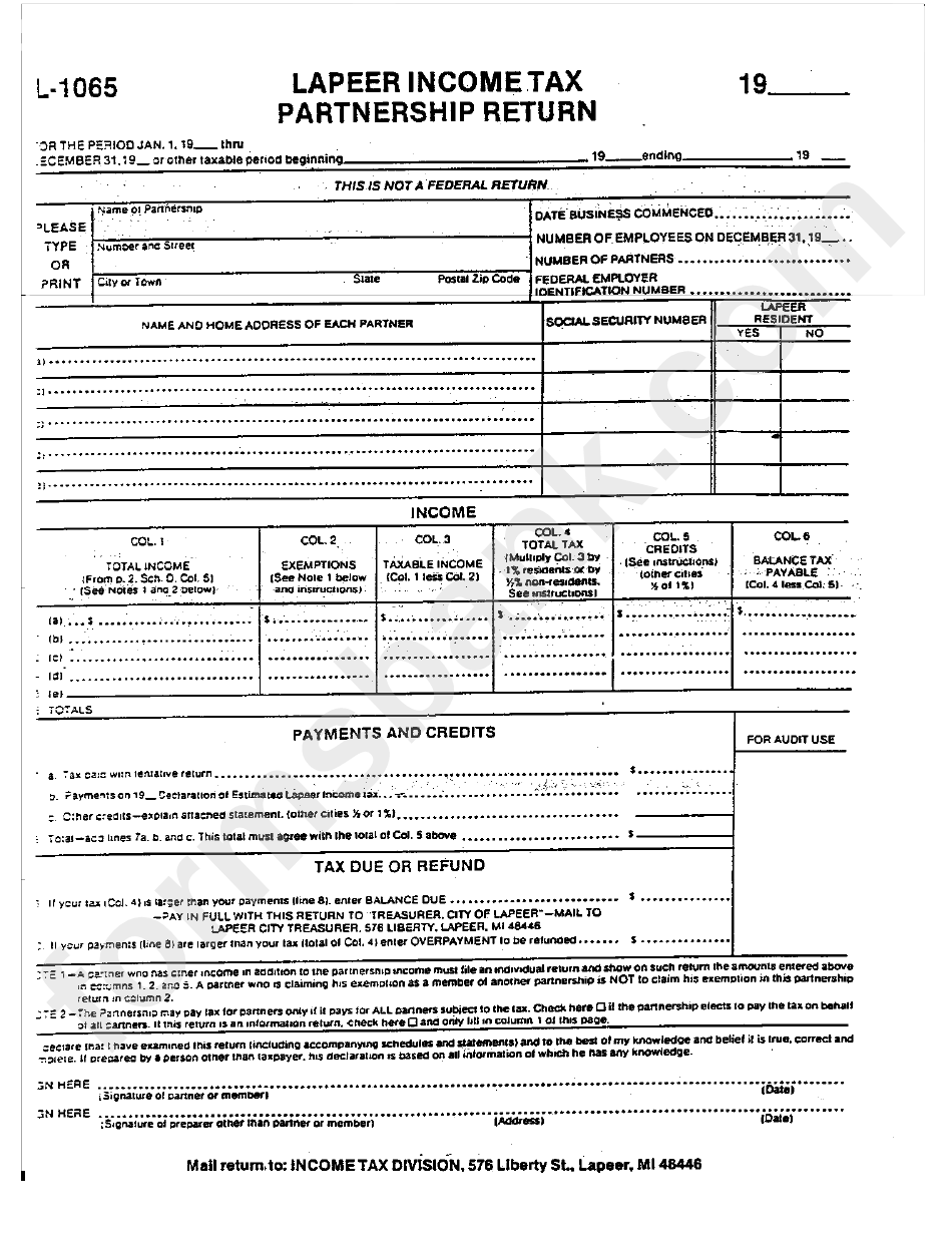 Form L-1065 - Lapeer Income Tax Partnership Return