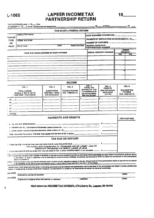 Form L-1065 - Lapeer Income Tax Partnership Return Printable pdf