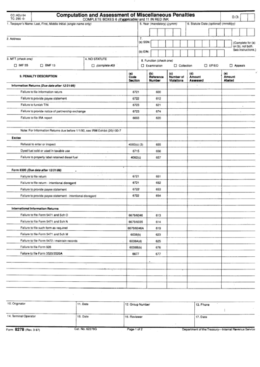 Form 8278 - Computation And Assessment Of Miscellaneous Penalties Printable pdf