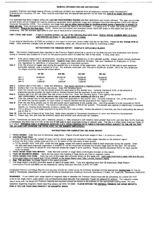 General Information And Instructions To Forms Lb-0456 And Lb-0851 - Tn Department Of Labor And Workforce Development Printable pdf