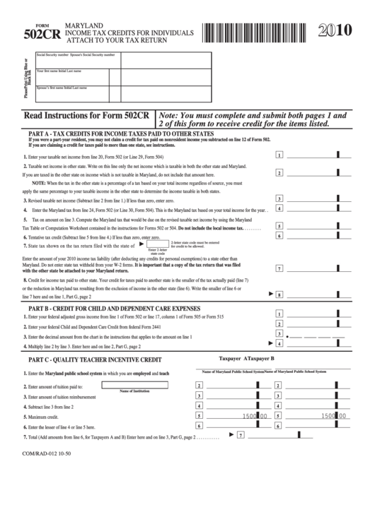 Fillable Form 502cr Maryland Income Tax Credits For Individuals