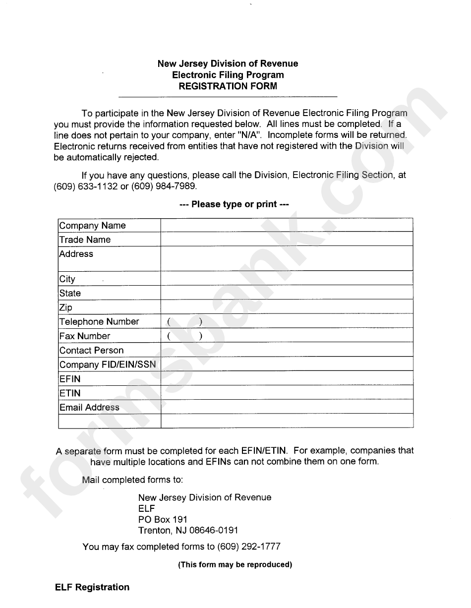 Registration Form - Electronic Filing Program - New Jersey Department Of Revenue