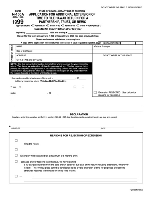 Form N-100a - Application For Additional Extension Of Time To File Hawaii Return For A Partnership, Trust, Or Remic - 1999 Printable pdf