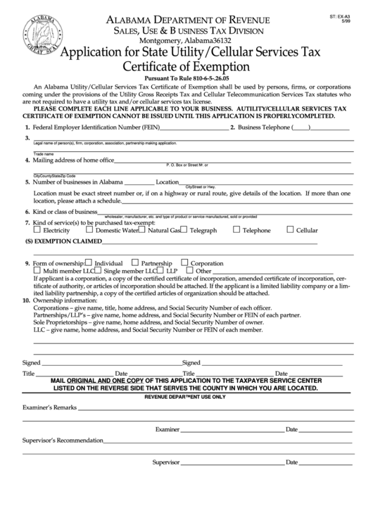 Form St:ex-A3 - Application For State Utility/cellular Services Tax Certificate Of Exemption Printable pdf