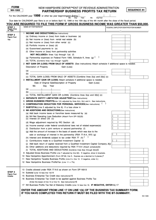 Fillable Form Nh-1065 - Partnership Business Profits Tax Return - 1998 Printable pdf