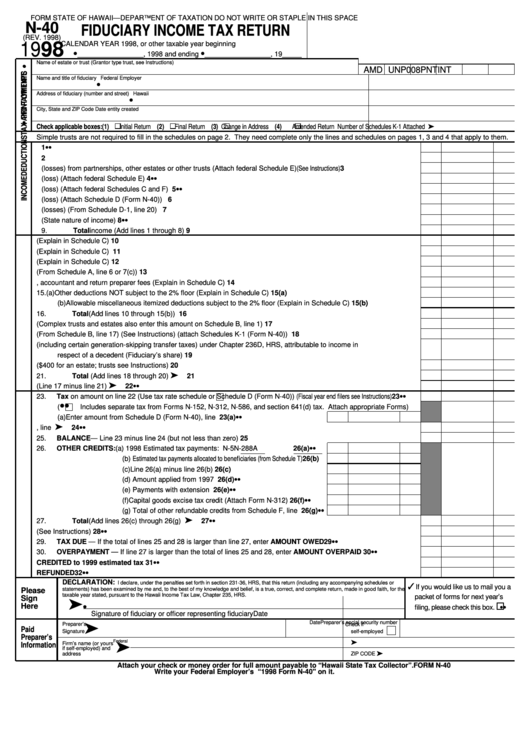 Fillable Form N-40 - Fiduciary Income Tax Return - State Of Hawaii Department Of Taxation - 1998 Printable pdf