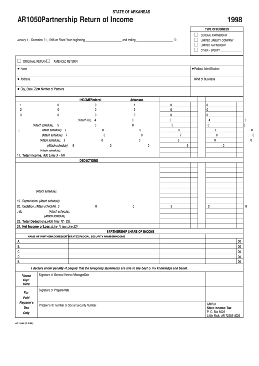Fillable Form Ar1050 - Partnership Return Of Income - 1998 Printable pdf