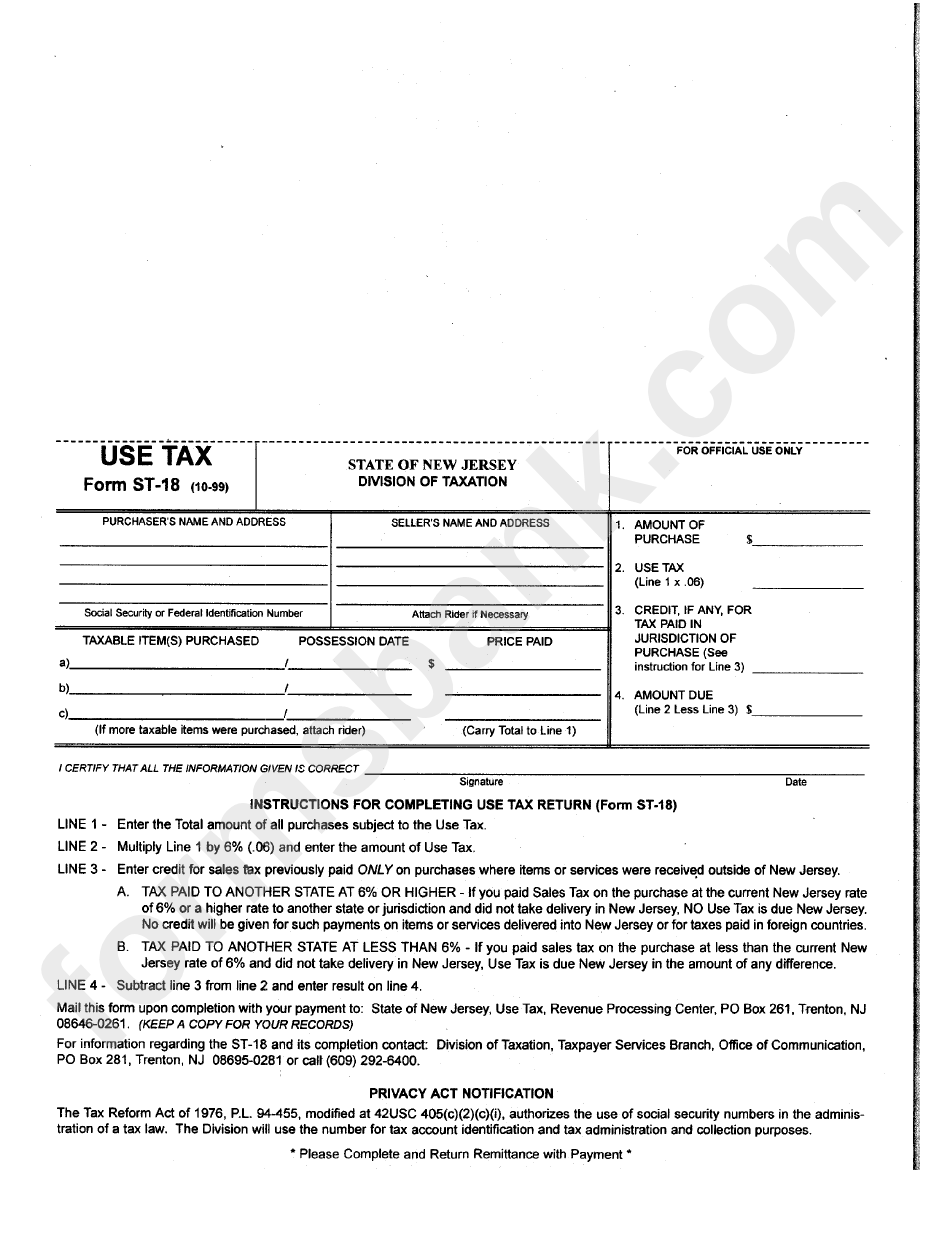 Form St-18 - Use Tax Return