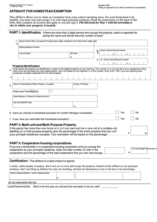 Fillable Form T-1056 - Affidavit For Homestead Exemption - 1995 Printable pdf