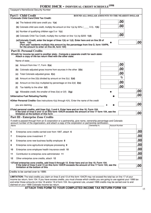 Fillable Form 104cr - Individual Credit Schedule - 1998 Printable pdf