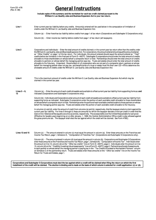 Form Cd - 478 General Instructions Printable pdf