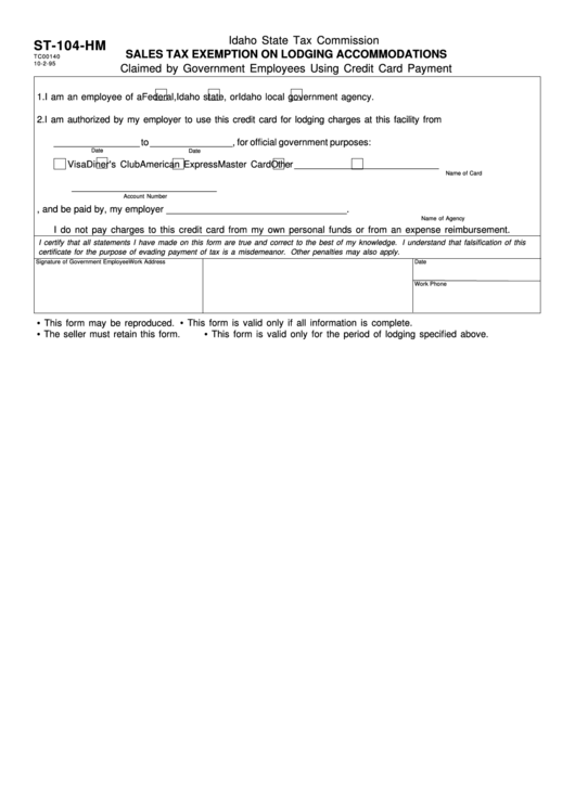 Fillable Form St-104-Hm - Sales Tax Exemption On Lodging Accommodations Printable pdf